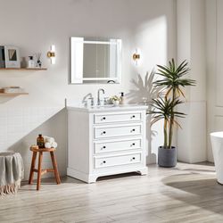 Fully Assembled 36'' Freestanding Single Bathroom Vanity with Marble Top