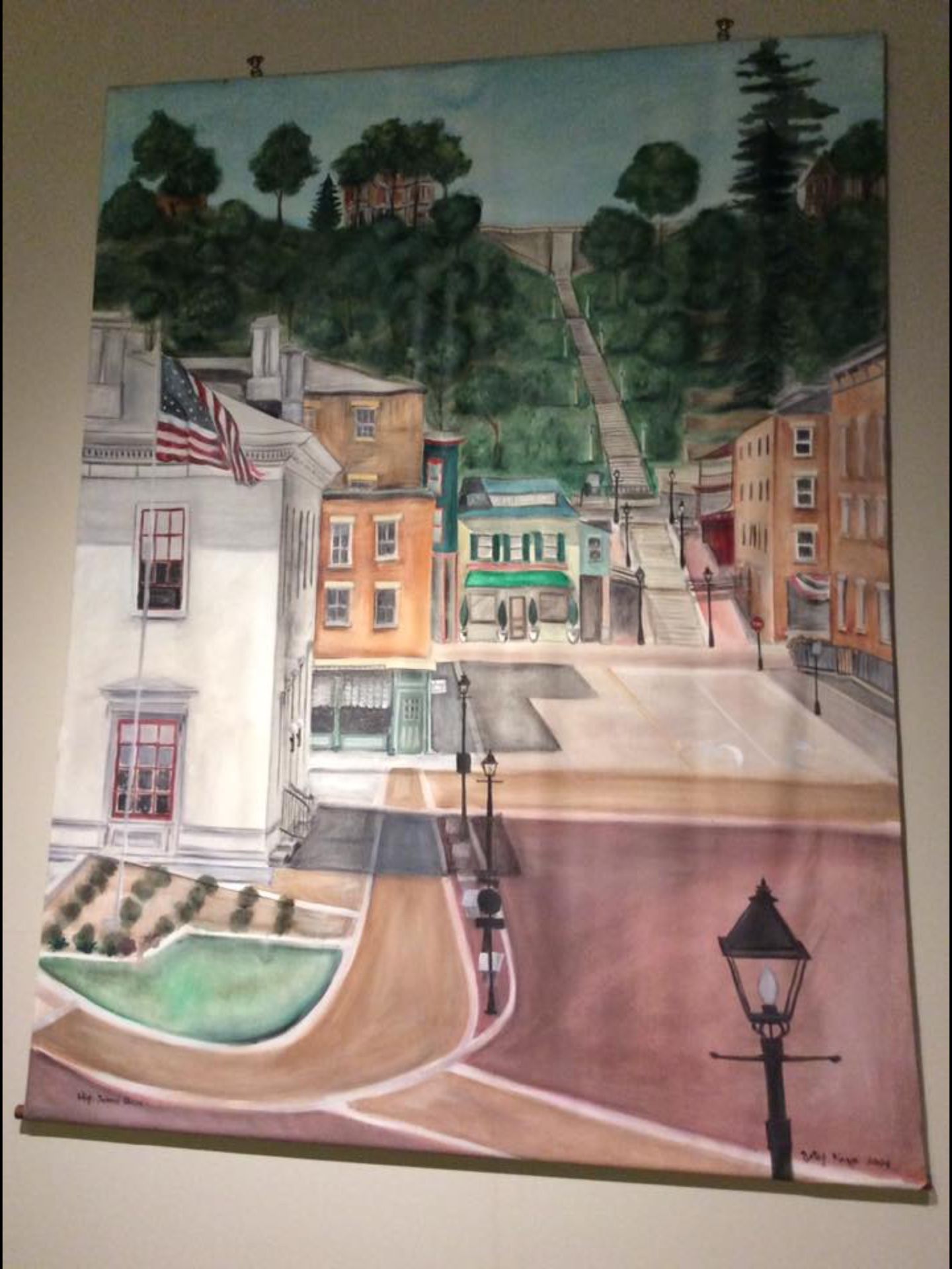 Large Hand Painted Canvas Mural of Downtown Galena “High School Steps” by Betsy Karge
