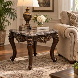 Cosmos Furniture Jade End Table 4090CHJAD, Dark Brown, Marble Top, Ornate Wood