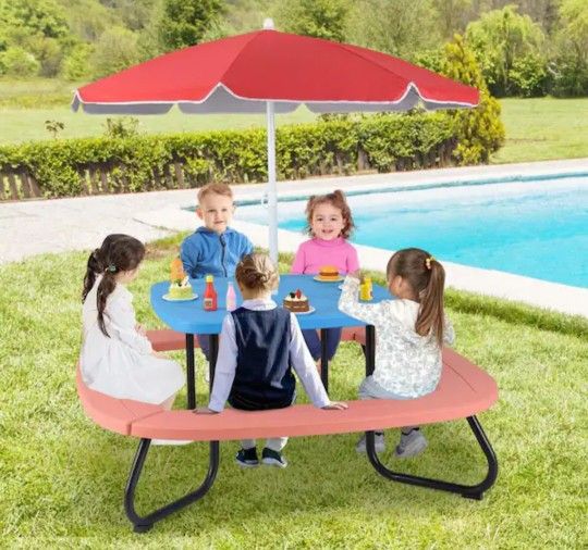 1-Piece Plastics Top Kids Picnic Table Outdoor Activity Table with Adjustable and Collapsible Umbrella Blue