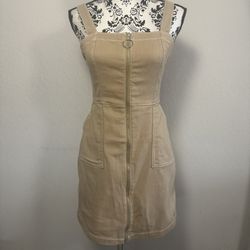 H&M Divided Denim Dress Size 6 Front Zipper Tan Sleeveless Adjustable Straps