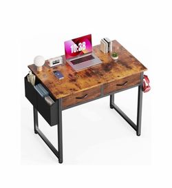 32" Computer Desk with Drawers and Storage Bag, Brown Home Office Desk with Headphone Hook and Adjustable Feet for Writing Study and Gaming
