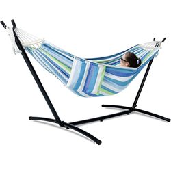 Double Hammock with Stand for Outside, Upgraded Spreader Bar, Heavy Duty Space Saving Steel Stand 2 Person, Convenient Pockets, Easy Assembly, 600lbs 