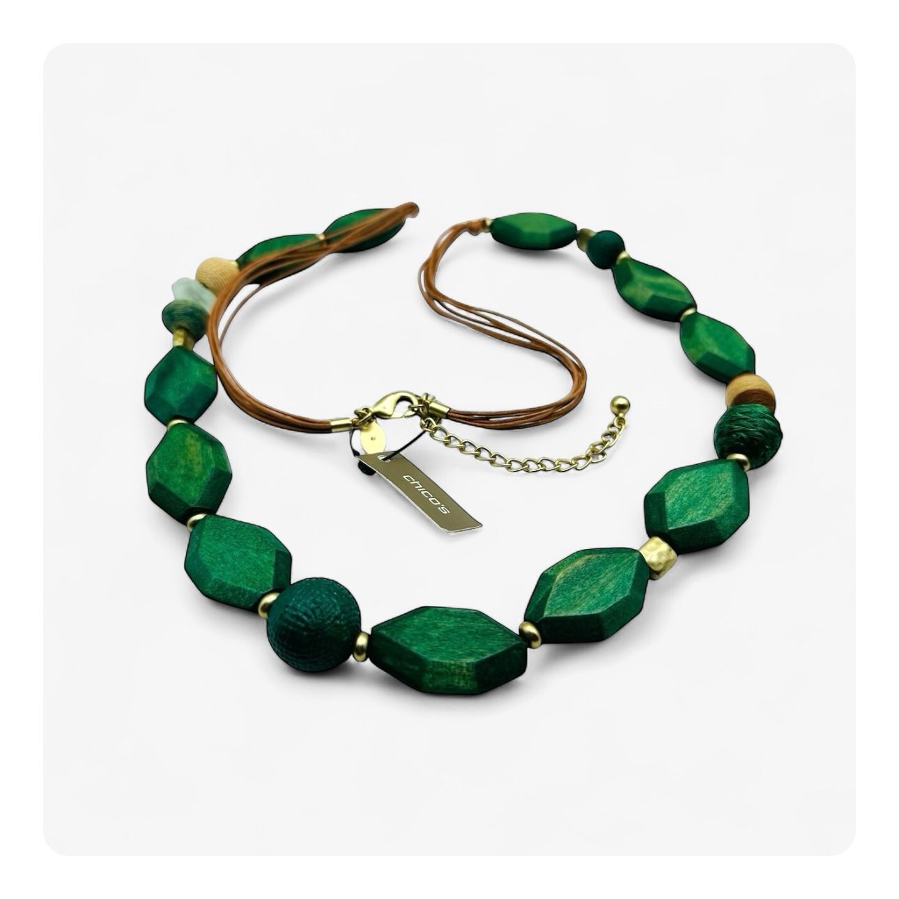 NWT Chicoโs Wooden Beaded Leather Cord Necklace - Multicolored Green