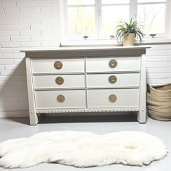 Modern Ivory Studded 6-Drawer Dresser with Gold Ring Pulls