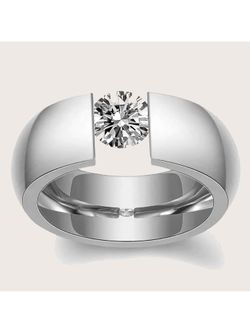  Stainless Steel Simple Band Ring With Inlaid Rhinestone