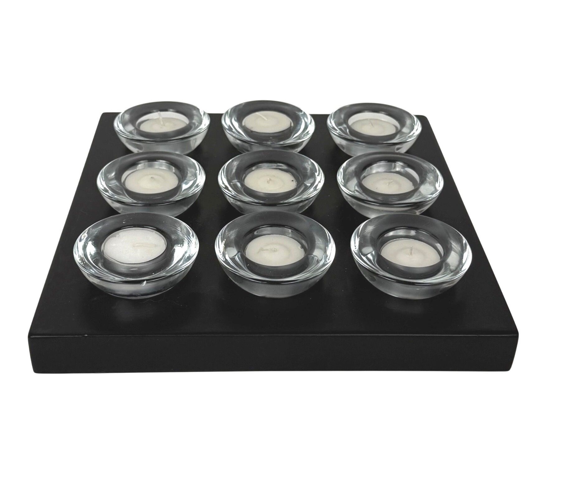 Square Heavy Black Tealight Holder with 9 Glass Tealight Cups