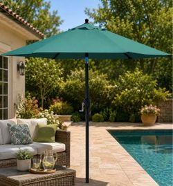 7.5' Patio Umbrella Outdoor Table Umbrella Tilt Crank Dark Green Market Table Umbrella with 6 Sturdy Ribs Push Button Tilt and Crank Lift Perfect For 