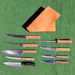Vintage Chicago Cutlery 6Pc+3 Assorted Kitchen Chef Knife Set+/Walnut Block GUC