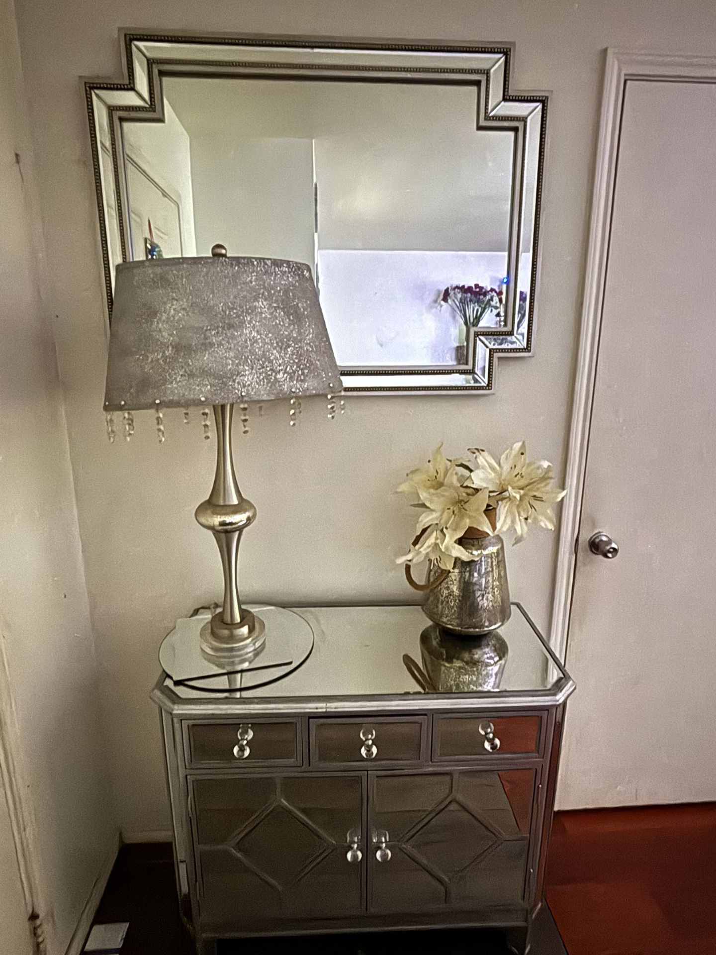 Mirror, Lamp, Flower Base and Glass Mirror Dresser 