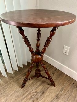 Antique German Round Accent Table - Red Wood Finish