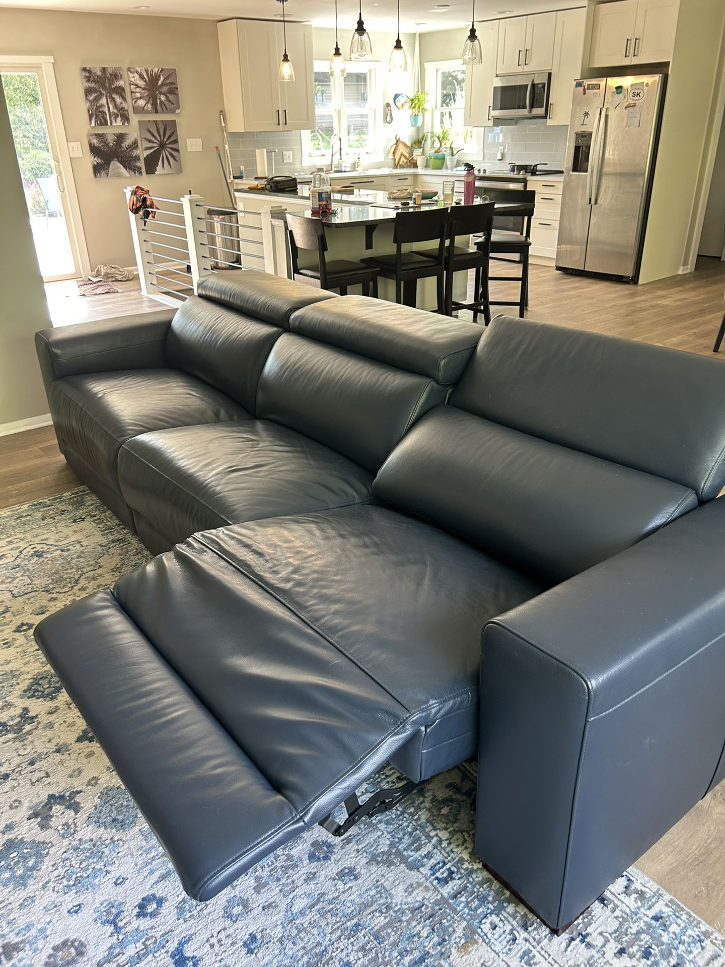 Blue Leather Electric Reclining Sofa