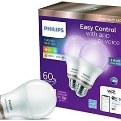 Brand newPhilips Wiz connected 2-Pack bundle A19 LED Wi-Fi Smart Bulb FULL COLOR 800 Lumens Dimmable 60w equivalent