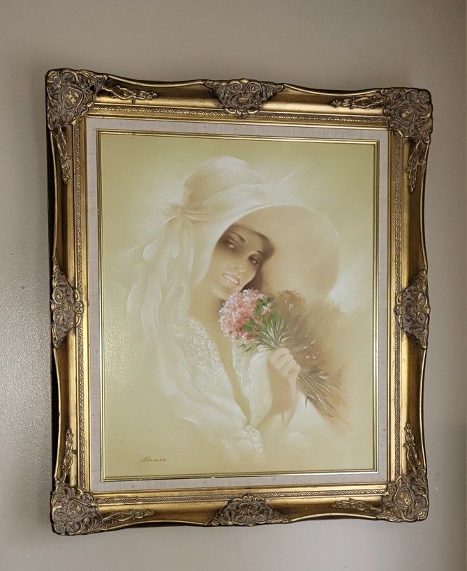 VINTAGE VICTORIAN LADY HOLDING FLOWERS OIL ON CANVAS PAINTING SIGNED BY MAURICE 27X31 