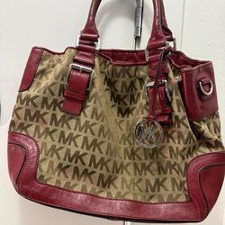 Michael Kors Brown Red Logo Shoulder Bag Double Handles Bag Charm Buckle Accent