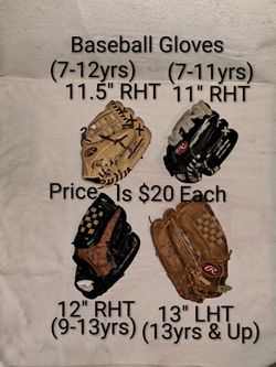 4 Baseball Gloves Of Various Sizes (Price Is $20 Each)