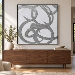 40” x 40” Large Abstract Wall Art – Silver & Black Frame