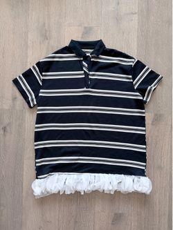 Oversized Navy Striped Polo Top w/ White Tulle Mesh Ruffle Hem