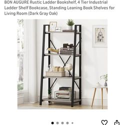 BON AUGURE Rustic Ladder Bookshelf, 4 Tier Industrial Ladder Shelf Bookcase, Standing Leaning Book Shelves for living room dark oak