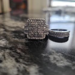 2 Ring Vintage Wide BAND CZ Silver Ring Set