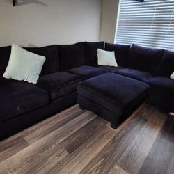 Black Blue Velvet Sectional with ottoman