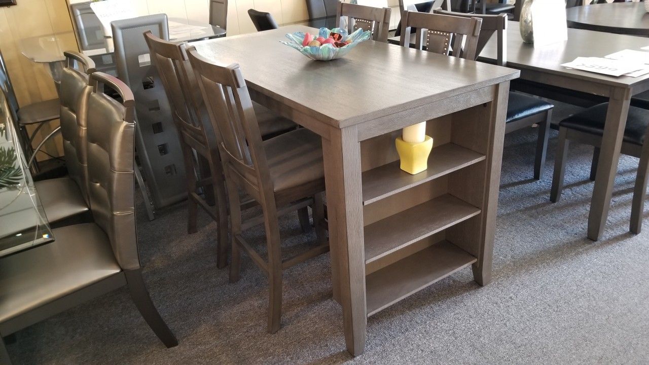 Brand New Gray Counter High Dining Table With Shelves (60"×30"×36"H) + 4 Chairs