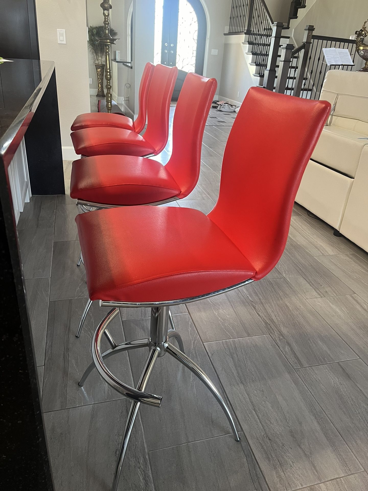 Adjustable Swivel Red Faux Leather Barstools (4)