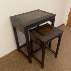 Antique Wooden Table With Wooden Stool and Ship Design 