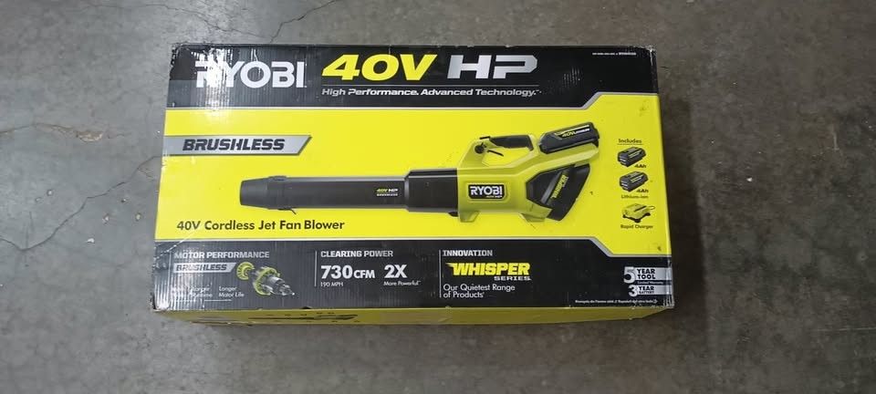 NEW RYOBI 40V HP BRUSHLESS WHISPER SERIES 730CFM CORDLESS BATTERY JET FAN LEAF BLOWER KIT WITH TWO BATTERIES