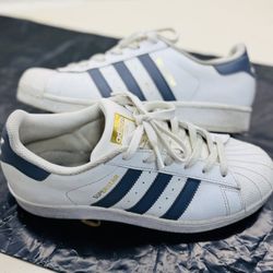 Adidas Superstar White Navy Leather Low Top Men's Sneakers Originals Size 6.5