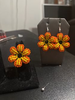 Hand Beaded Halloween Flower Earrings and Ring Set