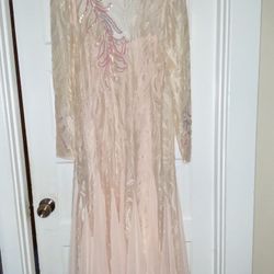 VTG pink Dress Chiffon Miss Elliette Peachy Lace sequins Sheath Crochet Dress 14