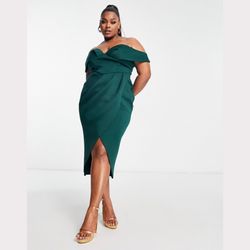 Brand new, forest green, off the shoulder, corset midi wrap skirt dress.