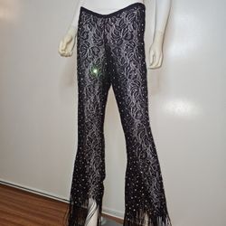 VTG Franklin Rowe International Navy Blue Embellished Lace Fringe Pants Size M