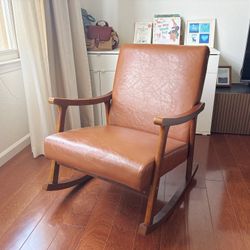 Mid-Century Style Wooden Rocking Chair – Brown Leather + Pillow