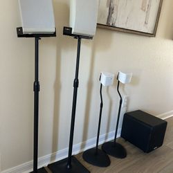 5 Speakers, 4 stands, and speaker wiring