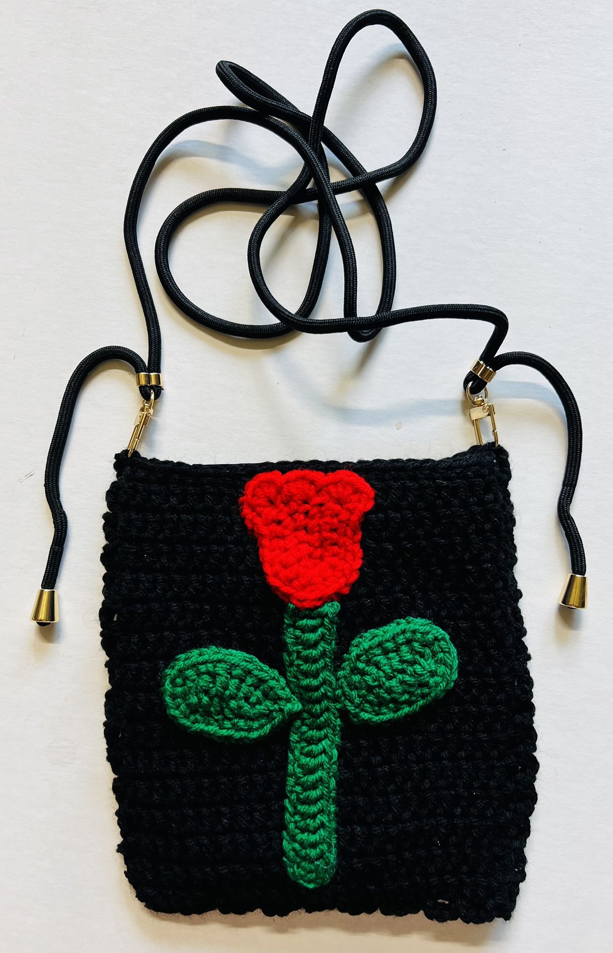 Black Red Tulip Crochet Bag Phone Case Cover crossbody strap Handmade Purse Tote