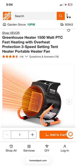 Greenhouse Heater 1500 Watt PTC Fast Heating with Overheat Protection 3-Speed Setting Tent Heater Portable Heater Fan