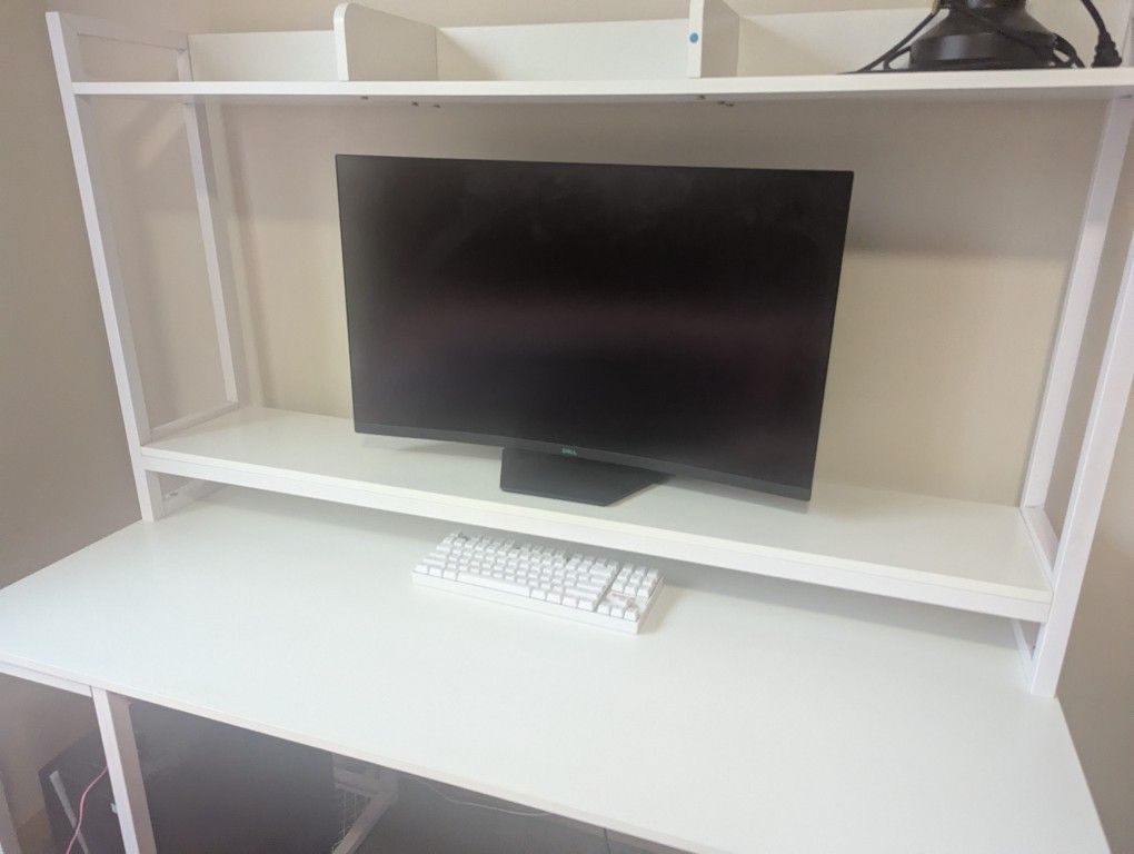 White wooden and metal computer desk with shelving ***Cash Only***