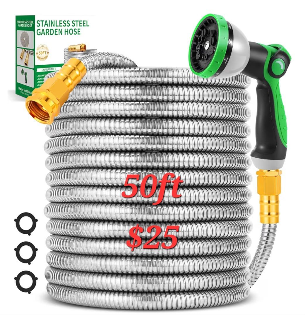 Water Hose 50ft, Flexible Stainless Steel Garden Hose with 10-Function Nozzle, No-Kink, Leak-Proof, Anti-Pets, Wear-Resistant, 3/4 GHT, Easy to Use an