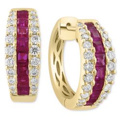 Ruby & Diamond Small Hoop Earrings in 14k Gold