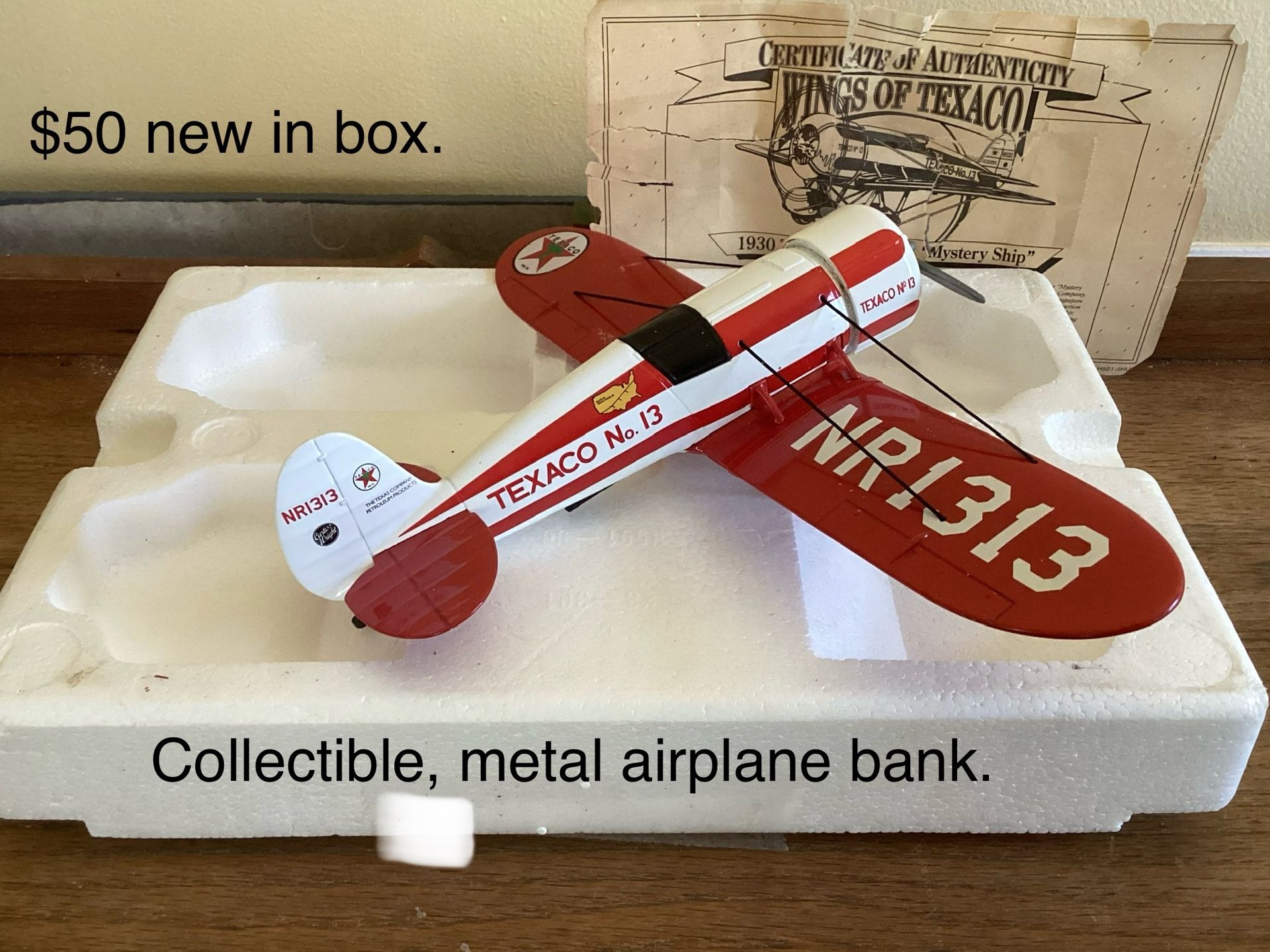 Texaco Metal Airplane Bank In original box.