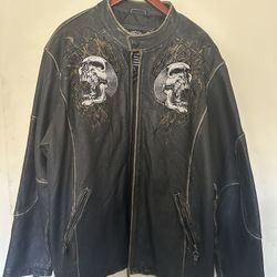 Used AFFLICTION Embroidered Twin Skulls Black Biker Leather Jacket Distressed Size XXXL