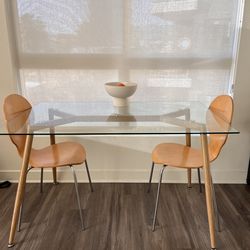 Glass Dining Table + 2 Chairs – Modern Wood + Chrome