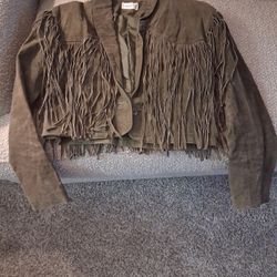Women's Genuine Suede Coat/ Medium (Small Medium),Waist Length Olive Green /with Fringe $25.00