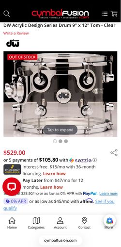 DW Acrylic Design Series Drum 9" x 12" Tom - Clear