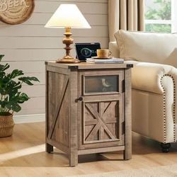New Farmhouse 18'' Nightstand w/Charging Station, End Table w/ Barn Door, 3-tier Storage,Light brown