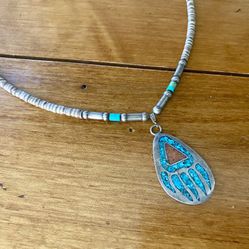 Vintage Sterling Silver, Shell, and Turquoise Heishi Necklace