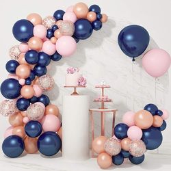 121 PCS Gender Reveal Party Supplies Rose Gold Navy Blue and Pink Latex Confetti Pearlescent Balloons Garland Arch