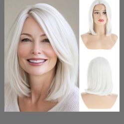 Sallcks Short White Wig For Women Straight Bob Wigs Small Lace Side Part Mid Length White Synthetic Hair For Daily Party Halloween